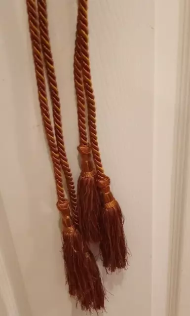 Pair 44" Curtain Tie Backs Tassels Swags Drapery Burgundy Gold Braided Rope (49)