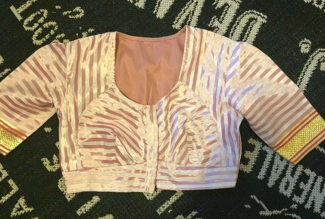 Handmade Sz S XS Silk SAREE Choli BOLERO COSTUME Pink Gold Braid Top Koti