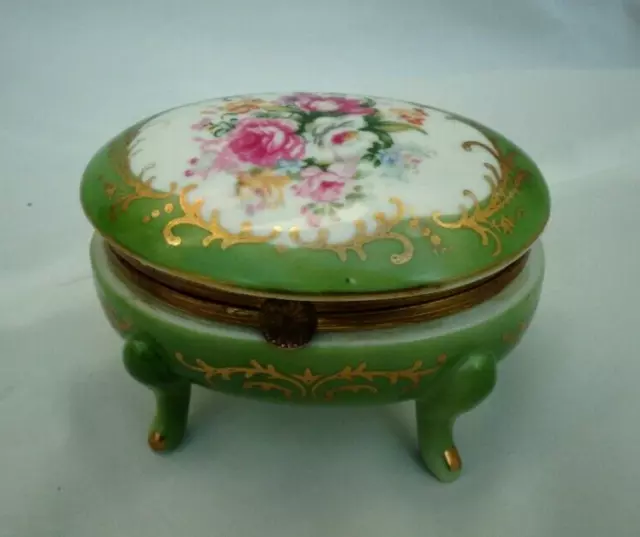 Beautiful French Victorian style Green Porcelain Trinket Pot Gilt Metal Fitting