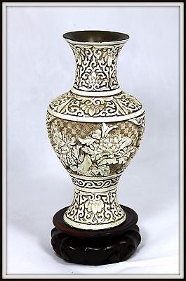 Wonderful "White Chinese Cinnabar Vase" with Hand Carved Wooden Stand