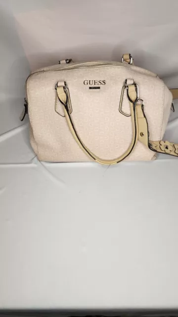 Guess Handbag. Cream with Beige Top Handles and/or Strap with Flower Detail.