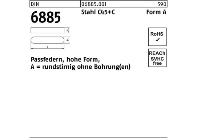 Passfeder DIN 6885 Form A rundstirnig/o.Bohrung A 6 x 6 x 32 Stahl C45+C