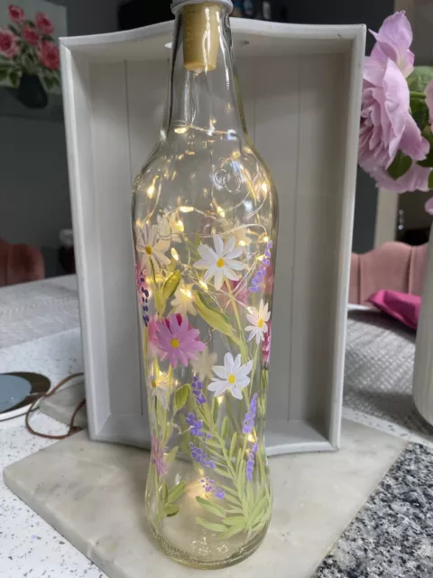 Hand Painted Glass Light Up Bottle Flowers Daisy Bee Lavender Home Garden