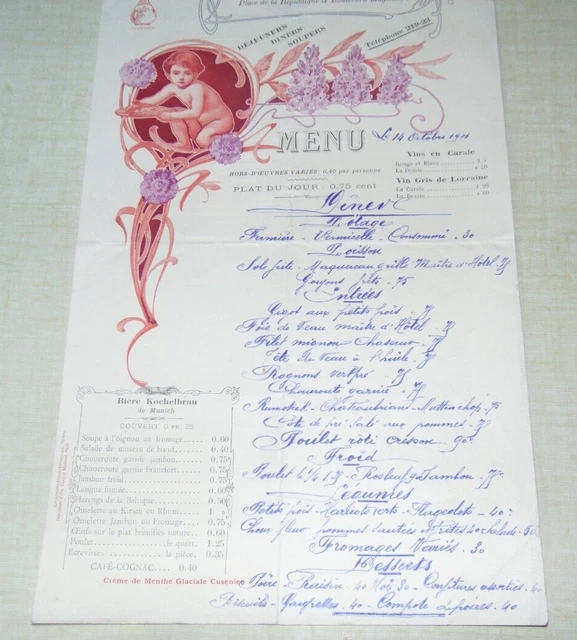 GRAND ancien MENU + CARTE VINS taverne du château d eau PARIS 1901 EUR ...