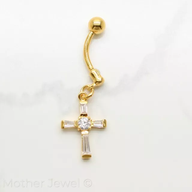 Simulated Diamond Cross 18K Yellow Gold Triple Plated Belly Button Navel Ring