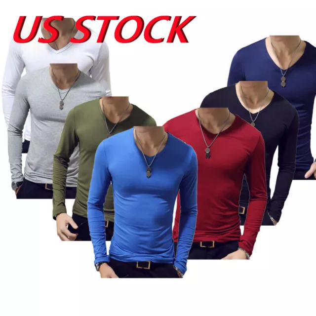 US Mens Slim Fit V Neck Long Sleeve T-Shirt Muscle Shape Workout Tee Top Blouse