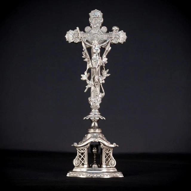 Altar Crucifix | Standing Cross Silvered Metal |Holy Chalice Arma Christi 18.1"_ Altar Crucifix | Standing Cross Silvered Metal |Holy Chalice Arma Christi 18.1"_