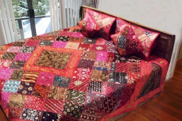 5 Pc Exotic India Sari Beaded Moti Kundan Throw Quilt Bedspread Coverlet Blanket
