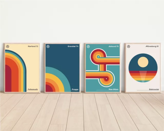 Retro Wall Art Posters 4xA4 70s 80s Music Scene Festival Nordic style Minimalist