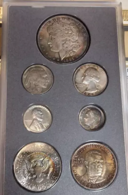 1885 Morgan Silver Dollar Toned 7 Coin Prestige Set LOT 1964 Kennedy-Steel Penny 2