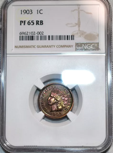 NGC PF-65 RB 1903 Indian Head Cent, Rich, Iridescent Toned, Red-Brown Proof.