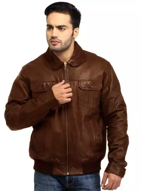 New Men's 90s Classic Officer Bomber Genuine handmade Leather Jacket XS to 5XL