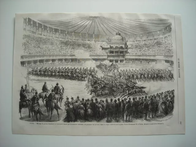 Gravure 1868. Mariage Du Prince Humbert. A Turin, Carrousel Place Victor-Emmanue
