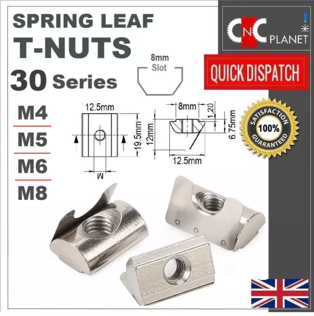T nut M4 M5 M6 M8 Spring Leaf Aluminium Extrusion 30 Series 8mm Slot Profiles UK