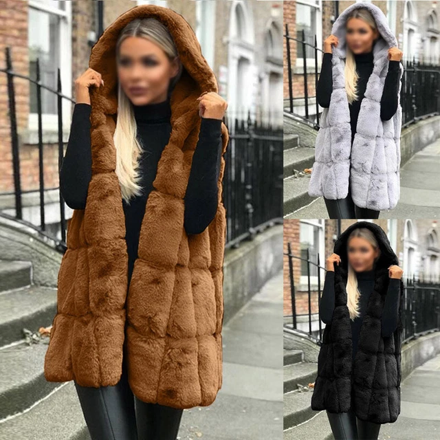 Femmes sans Manches Paletots Manteau à Capuche Gilet Fausse Fourrure Extérieur