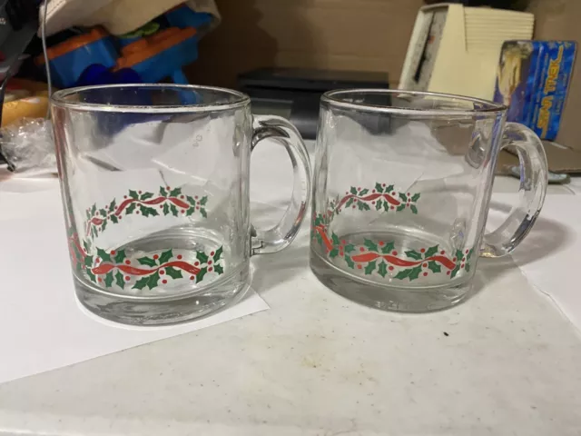 Vintage Set Of 2 Libbey Christmas Glass Coffee Tea Mug | Holly Berries