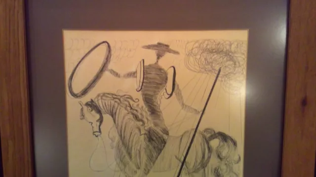 Vtg MCM black pen drawing, man on horse framed 3