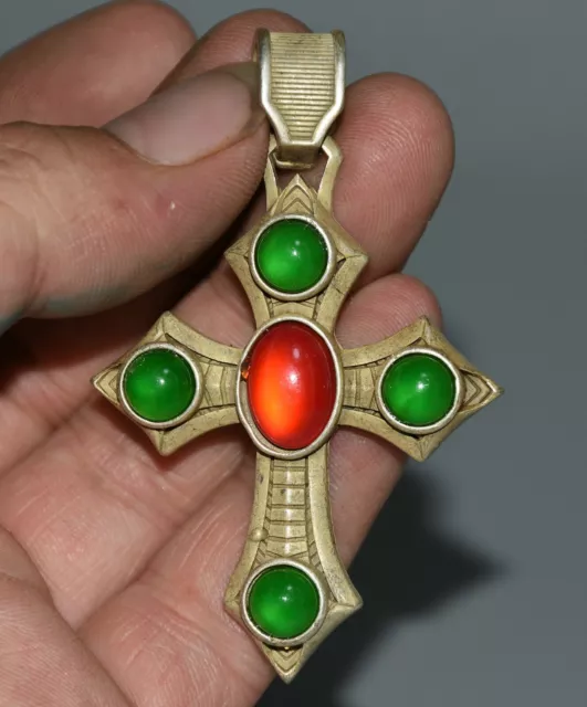 7CM Old China Miao Silver inlay Gems Green Jade Cross Jesus Amulet Pendant