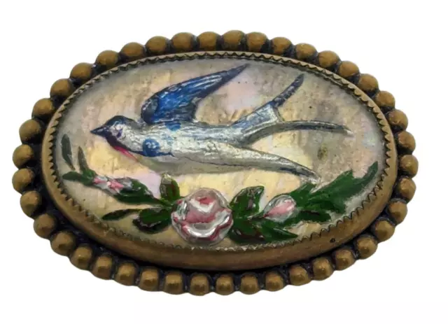 Antique Mourning Swallow Reverse Painted Bubble glass Victorian Mourning Brooch