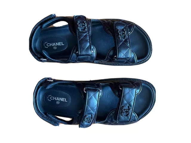 CHANEL DAD SANDALS Black Fabric Leather Shoes Crystal CC Flats