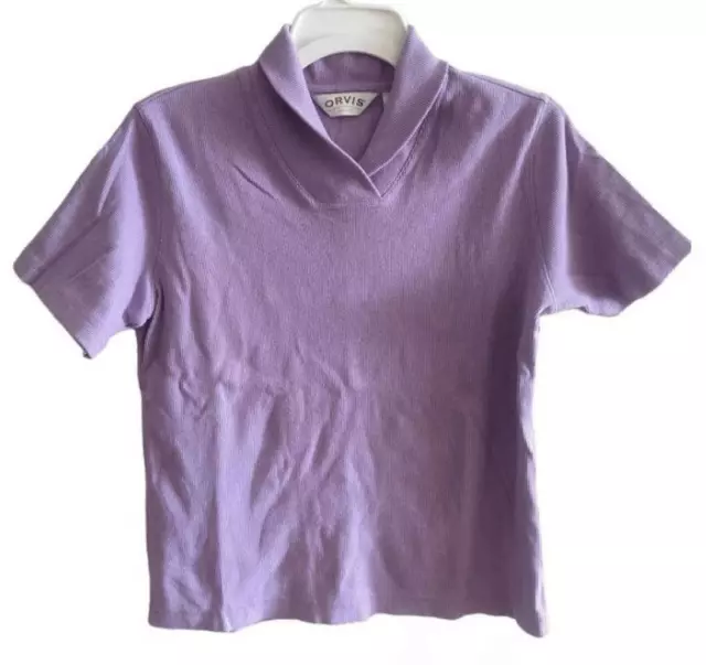 Orvis Purple Short Sleeve Shawl Collar Sporty Preppy Rib Knit Top Women's Size S