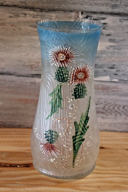 Vase En Verre Peint à La Main Vintage 60/70 - Fleurs - Occasion - France