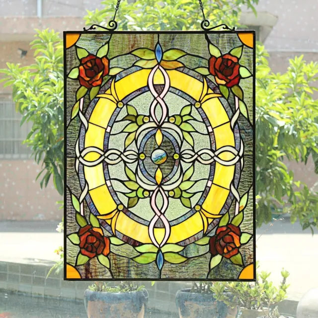 24" H Tiffany Style Stained Glass Floral Bonica Window Panel