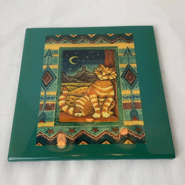 VTG Diana Bryer Art Tile Trivet Wall Hanging “Cat By Window”