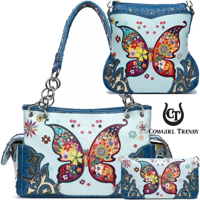 Butterfly Handbag Western Style Purse Women Shoulder Bag Crossbody Wallet Blue