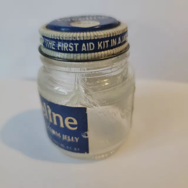 Vintage Vaseline White Petroleum Jelly 1 3/4oz Glass Jar Blue Seal Package 2