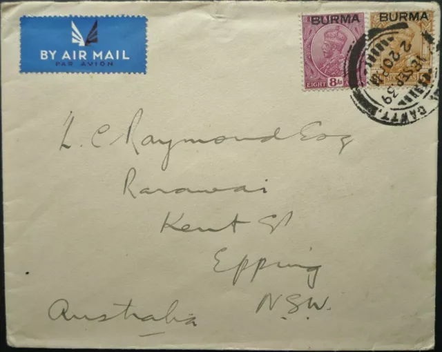 Burma 18 Sep 1939 Kgv Airmail Cover From Rangoon? Cantt To Epping, Australia