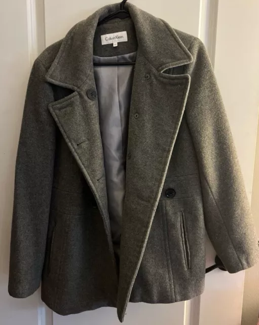 Calvin Klein Pea Coat Women’s Petite Size 12 Gray Wool Blend Double Breasted