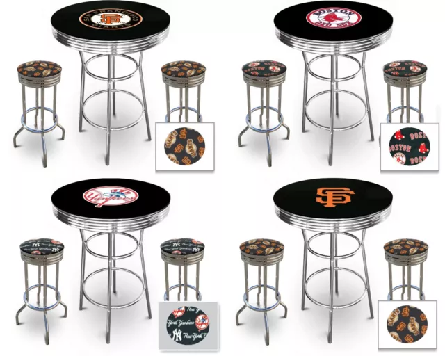 MLB Black Pub Bar Table Set w/Backless Swivel Seat Stools and a Glass Top Option