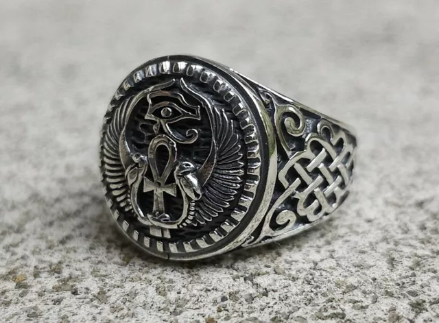 Ankh Ring Eye of Horus Ring STERLING SILVER 925 Isis Wings Ancient Egyptian Luck