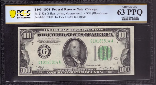1934 $100 Federal Reserve Note Chicago Fr.2152-G Ga Block Pcgs B Cu 63 Ppq