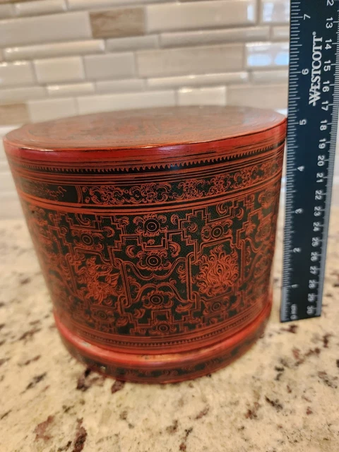 Burmese Asian Orange Lacquer Betel Nut Box RARE Zodiac and Maker Inscription 18