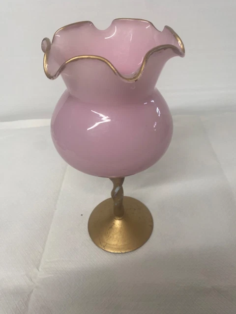 Vase Soliflore Vintage En Opaline Rose Et Blanc - 25 Cm - Italie - Occasion