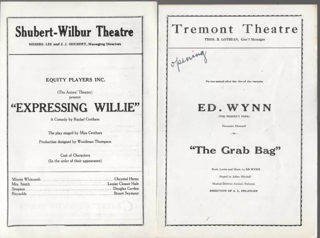 A pair of 1920s Boston Theatre Playbills Ed Wynn & Rachel Crothers