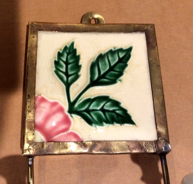 Japanese Tile and Brass Wall Hook, Vintage, Rose & Leaves 2