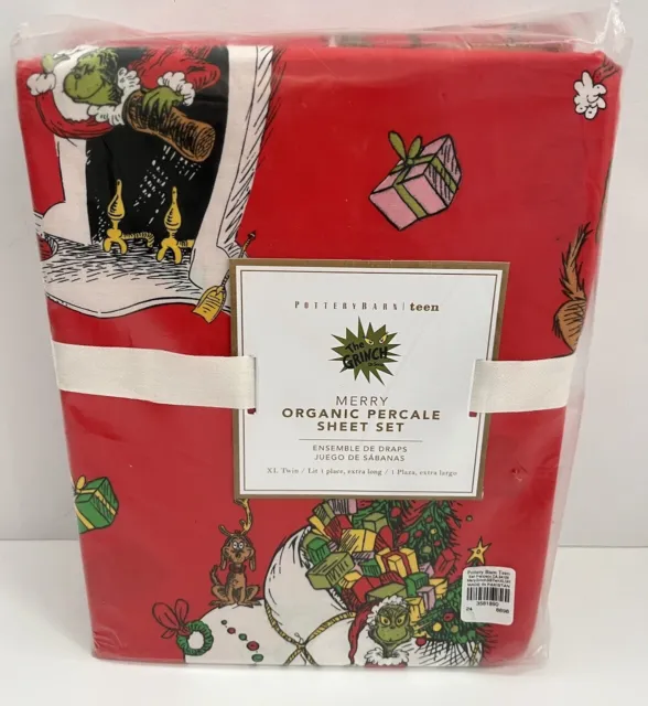 Pottery Barn Teen Merry Grinch Dr Seuss Twin Xl Percale Christmas Sheet Set Red