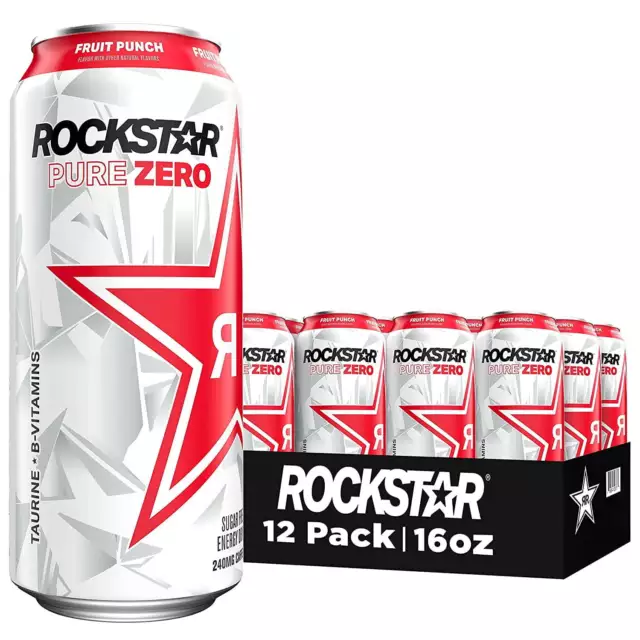 Rockstar Pure Zero Sugar Punched Fruit Punch Energy Drink, 16 oz, 12 Pack Cans