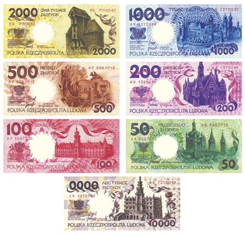 1980 Set Of 7 Copies Poland Trial Banknotes, Nice City Views, 0000 Złotych !