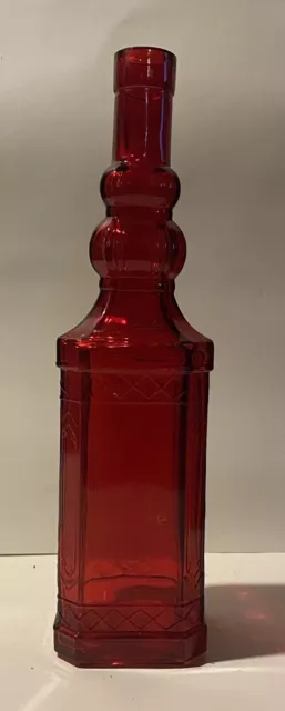 Glass Decorative Bottle 12” Tall Red-Raised Design