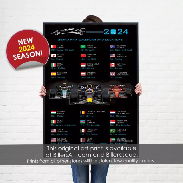 FORMULA 1 2024 Fixtures Dates and 3 Cars F1 poster Grand Prix