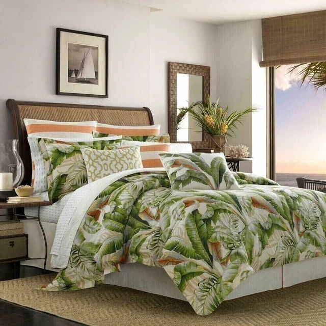 Cal King Size Comforter Set Tropical Island Bahama Floral Coastal Green Leaf 4Pc