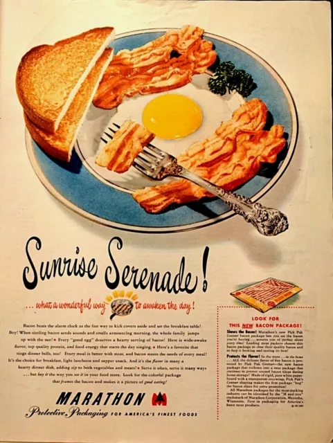 1950 MARATHON New Bacon Package Protective Packaging  Eggs Toast  Print Ad