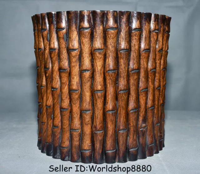 8.6" Old China Huanghuali Wood Carved Dynasty Bamboo Weave Brush Pot Pencil Vase