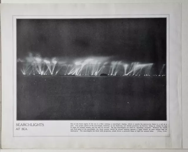 1915 Ww1 Print & Text Fleet Making Seachlight Display At Sea Naval Gunner