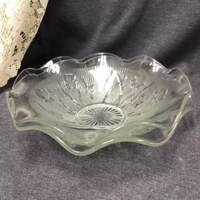 Pair Of JEANNETTE Iris Herringbone Serving Bowls Clear Ruffled Edge 11 1/2" Dia.