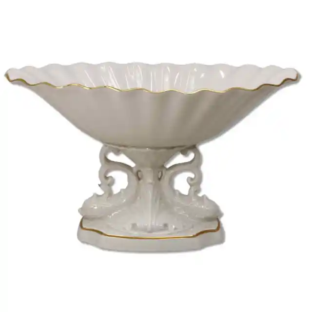 Lenox Aquarius Pedestal Centerpiece Console Bowl Cream Gold Rim Scalloped